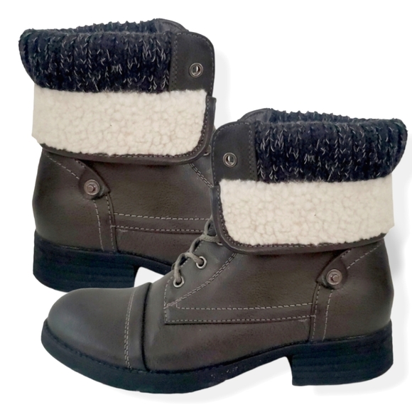 #500 Gray Fur Lined Fulled Over Moto Ankle Combat Boots Water Proof Size 6 - Picture 2 of 7